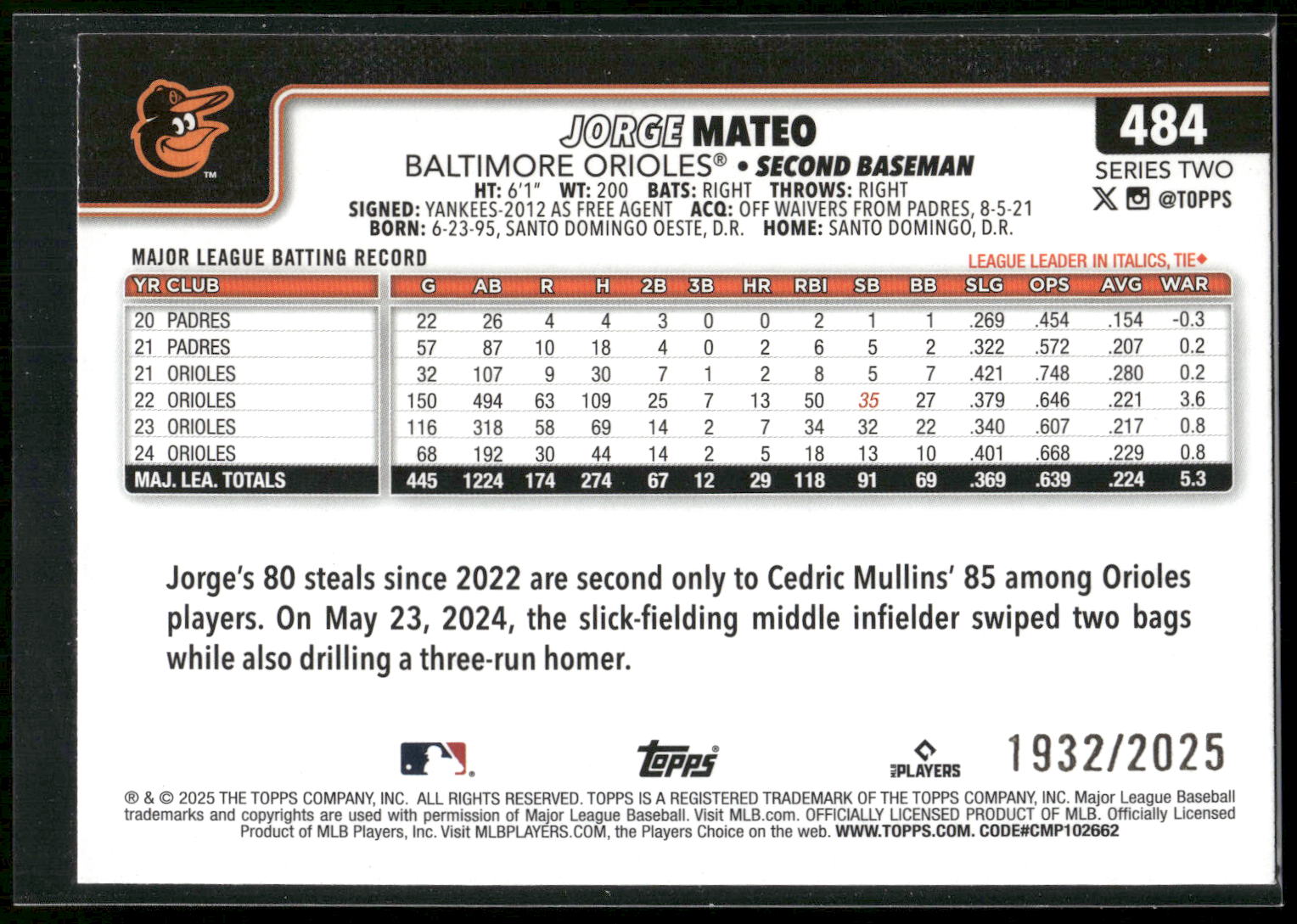2025 Topps #484 Jorge Mateo Gold #/2025