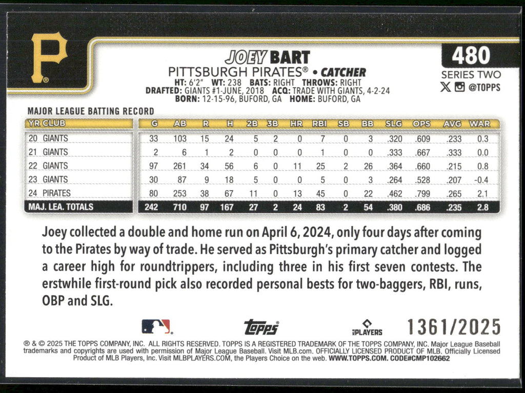 2025 Topps #480 Joey Bart Gold #/2025