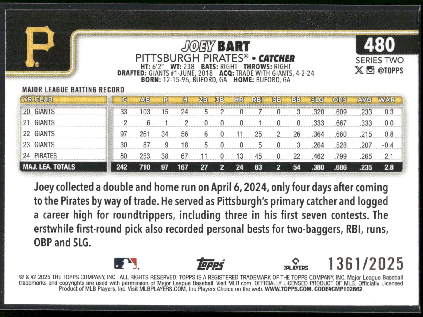 2025 Topps #480 Joey Bart Gold #/2025