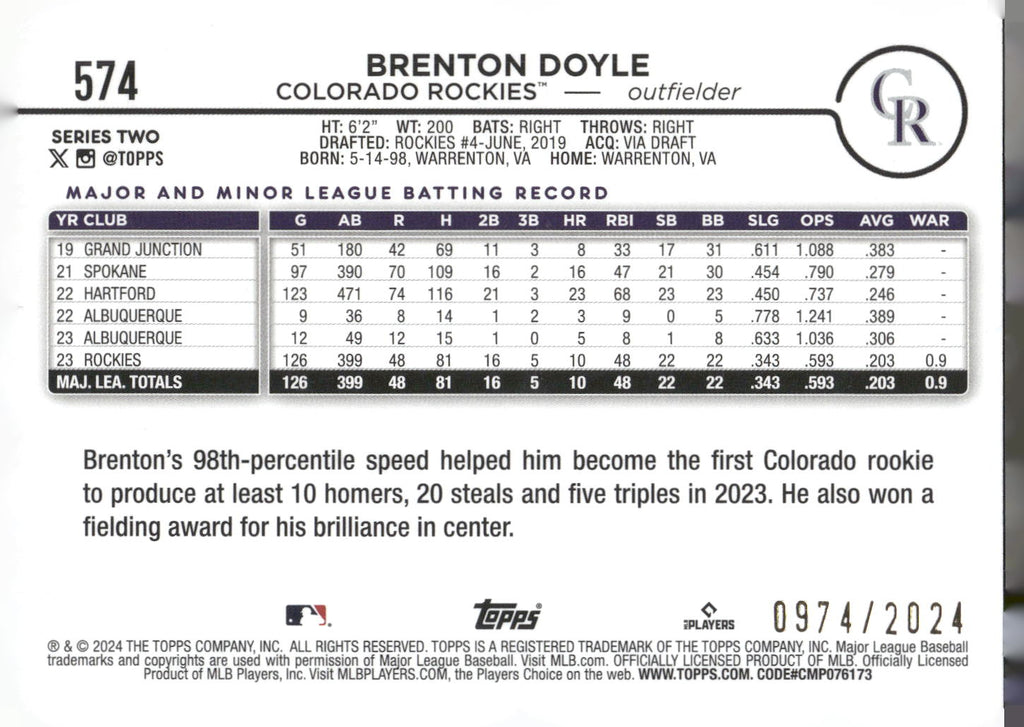 2024 Topps #574 Brenton Doyle Gold #/2024
