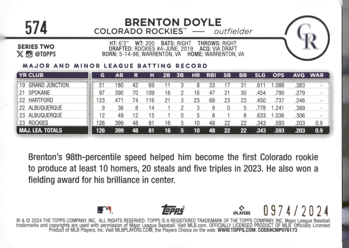 2024 Topps #574 Brenton Doyle Gold #/2024