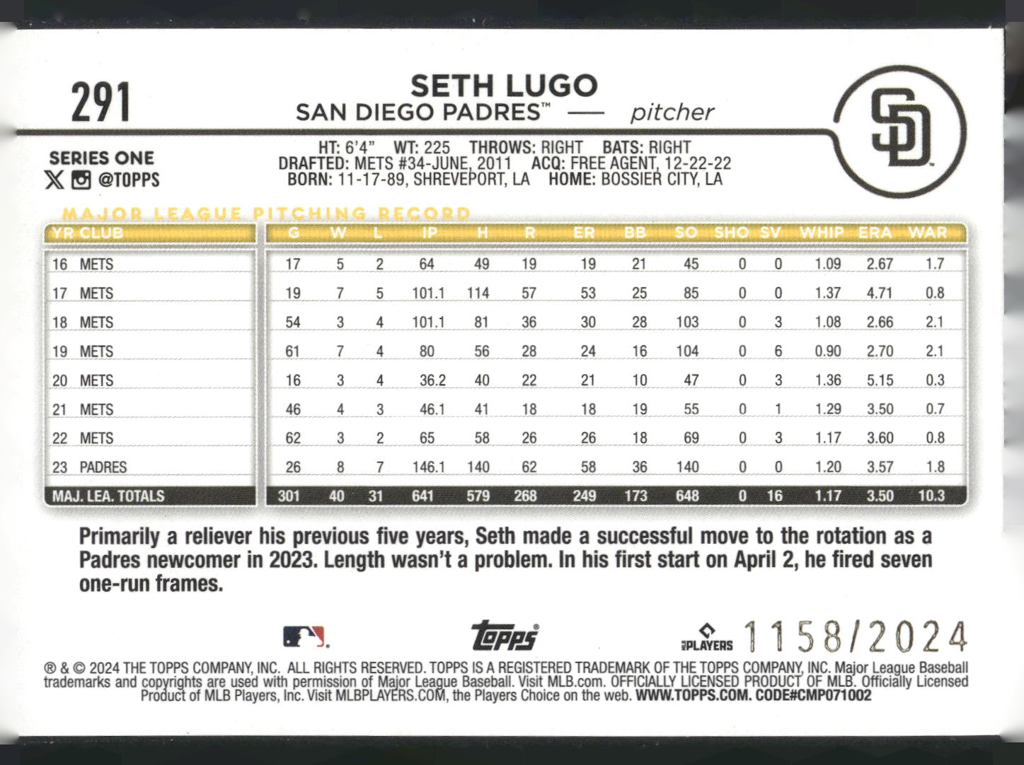 2024 Topps #291 Seth Lugo Gold #/2024