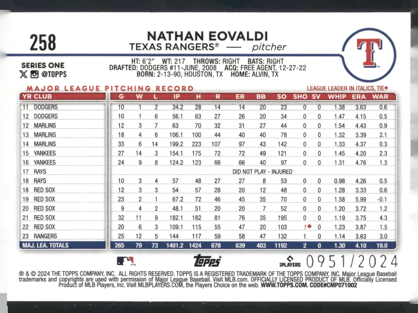 2024 Topps #258 Nathan Eovaldi Gold #/2024