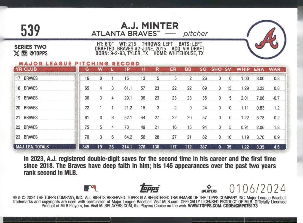 2024 Topps #539 A.J. Minter Gold #/2024