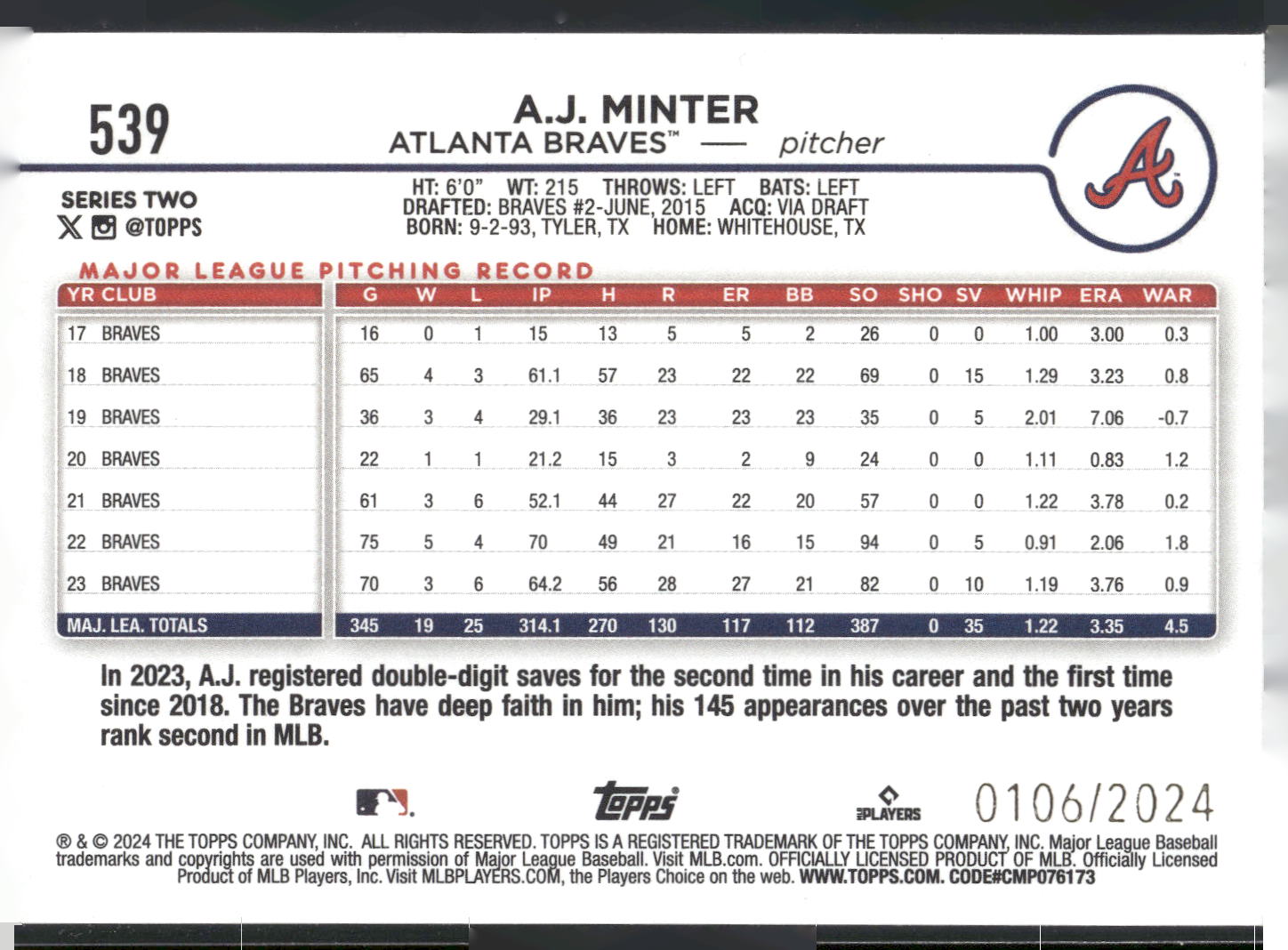 2024 Topps #539 A.J. Minter Gold #/2024