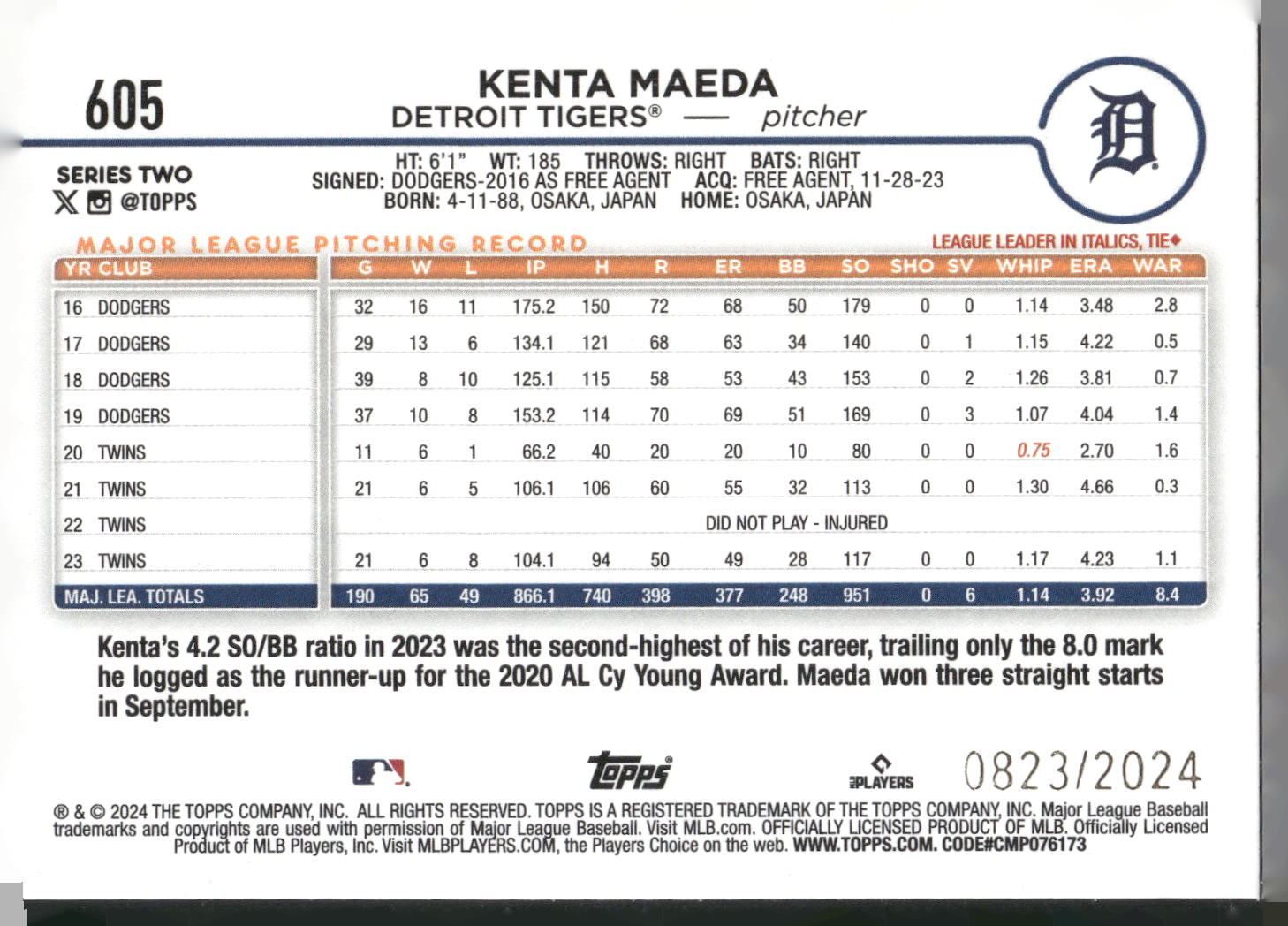 2024 Topps #605 Kenta Maeda Gold #/2024