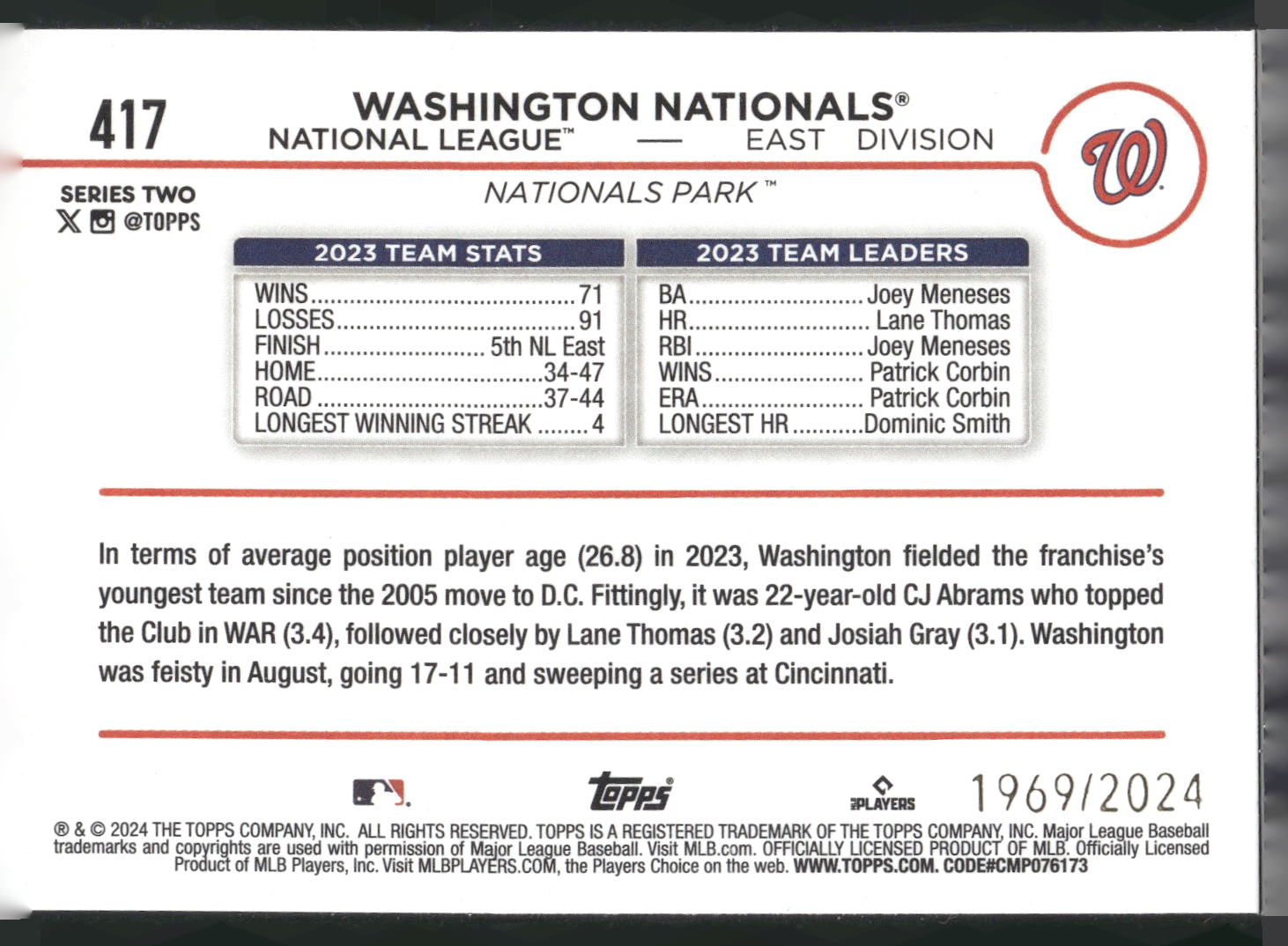 2024 Topps #417 Washington Nationals Gold #/2024