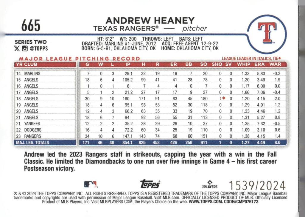 2024 Topps #665 Andrew Heaney Gold #/2024