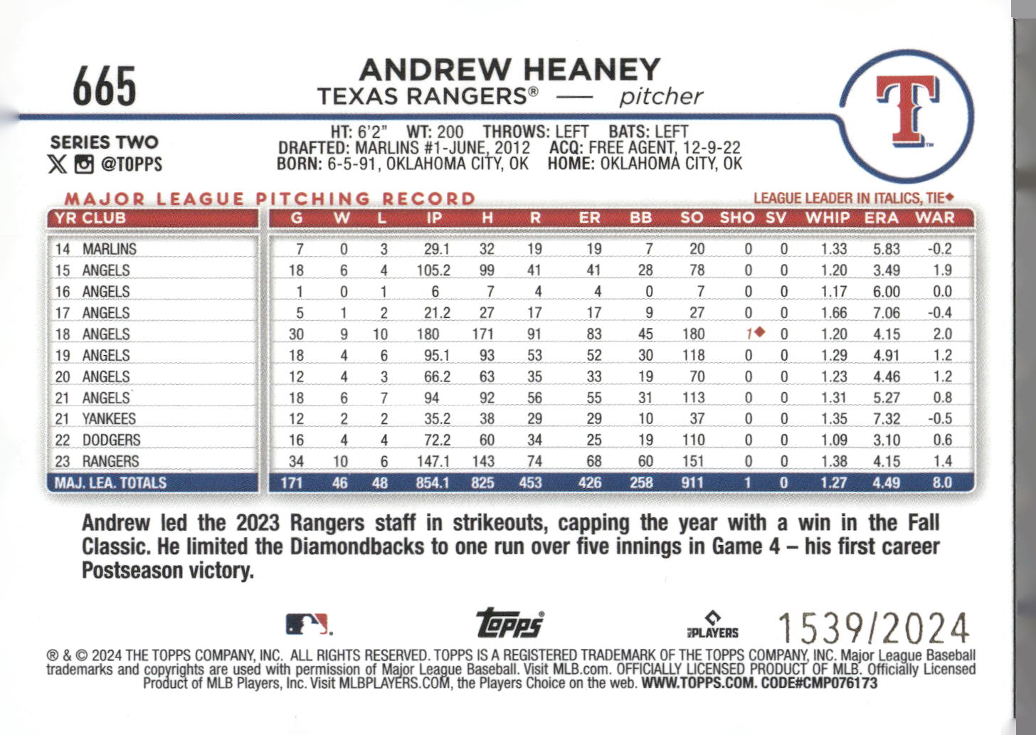 2024 Topps #665 Andrew Heaney Gold #/2024