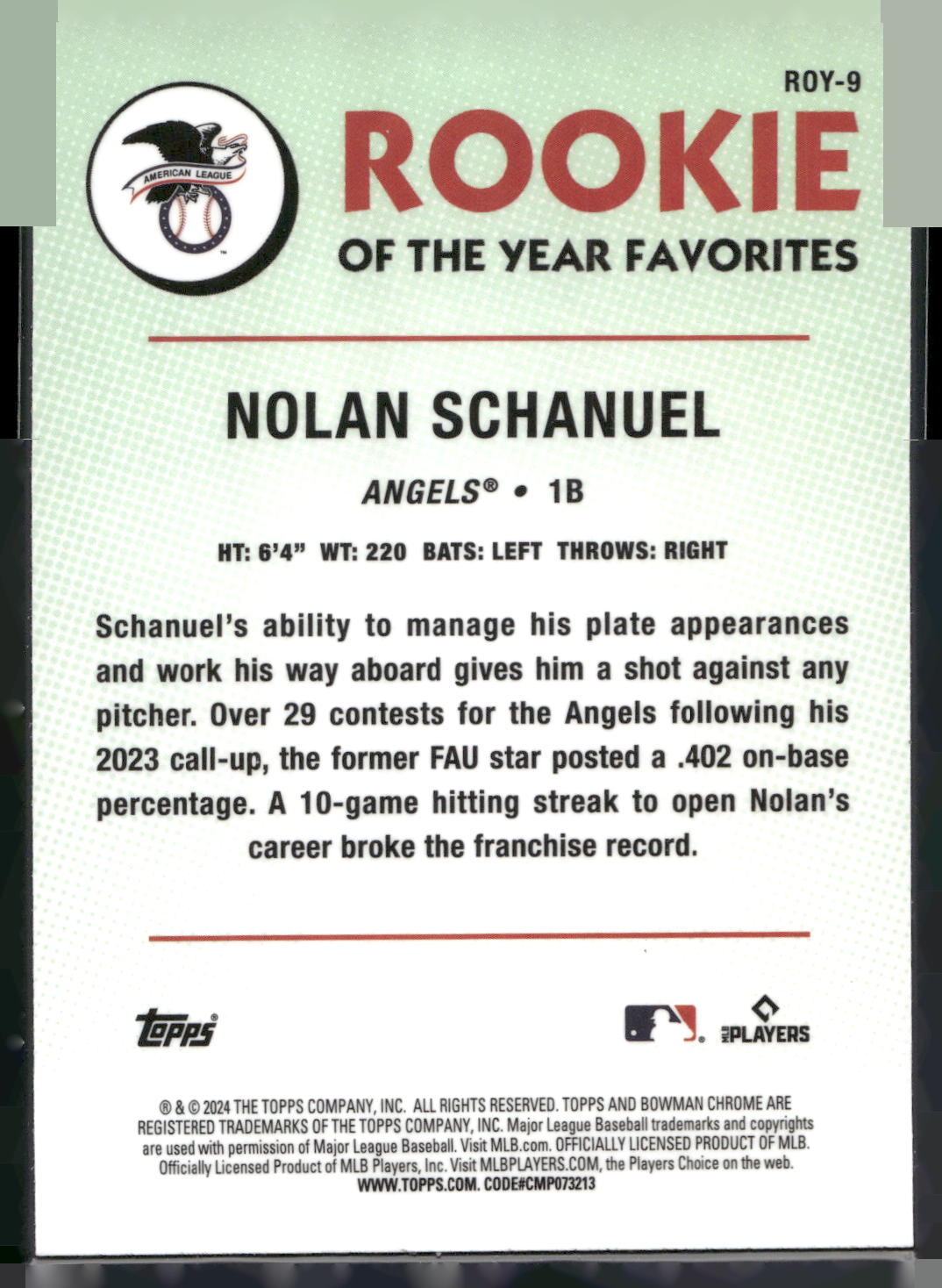 2024 Bowman #ROY-9 Nolan Schanuel Rookie of the Year Favorites