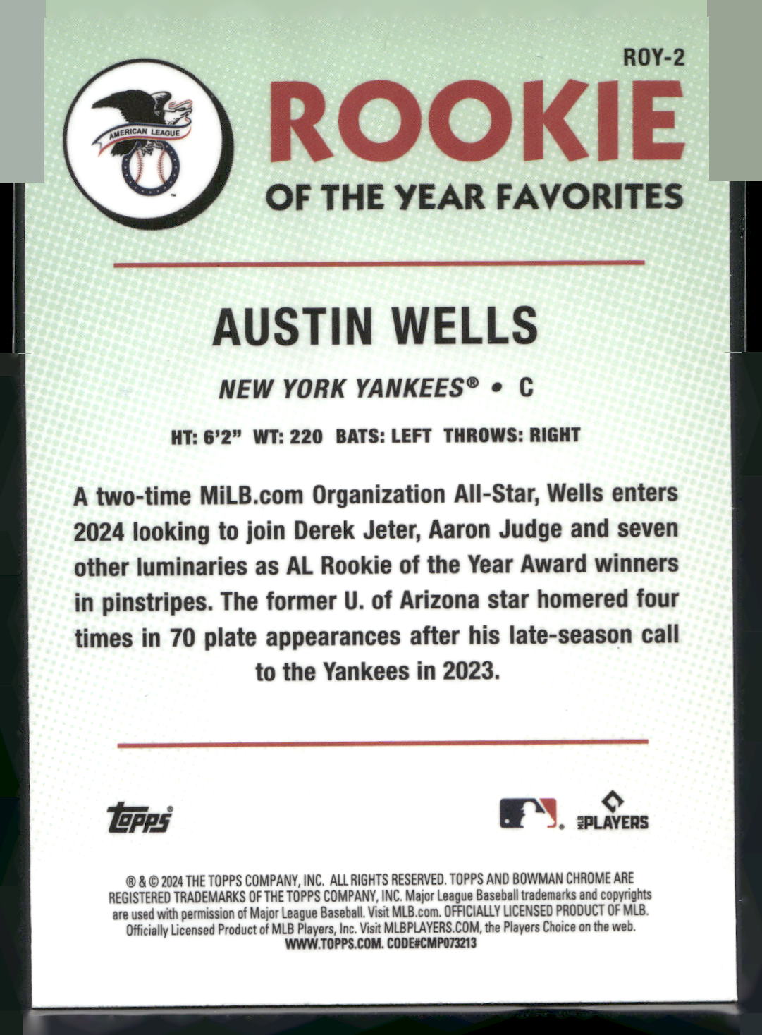 2024 Bowman #ROY-2 Austin Wells Rookie of the Year Favorites
