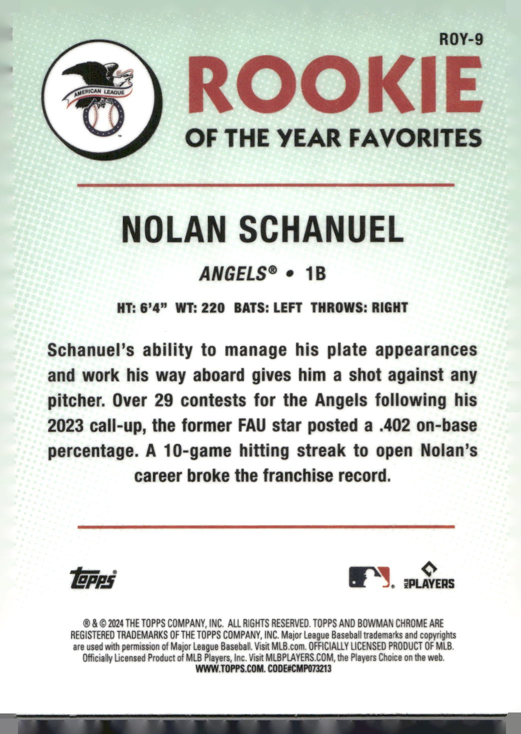 2024 Bowman #ROY-9 Nolan Schanuel Rookie of the Year Favorites