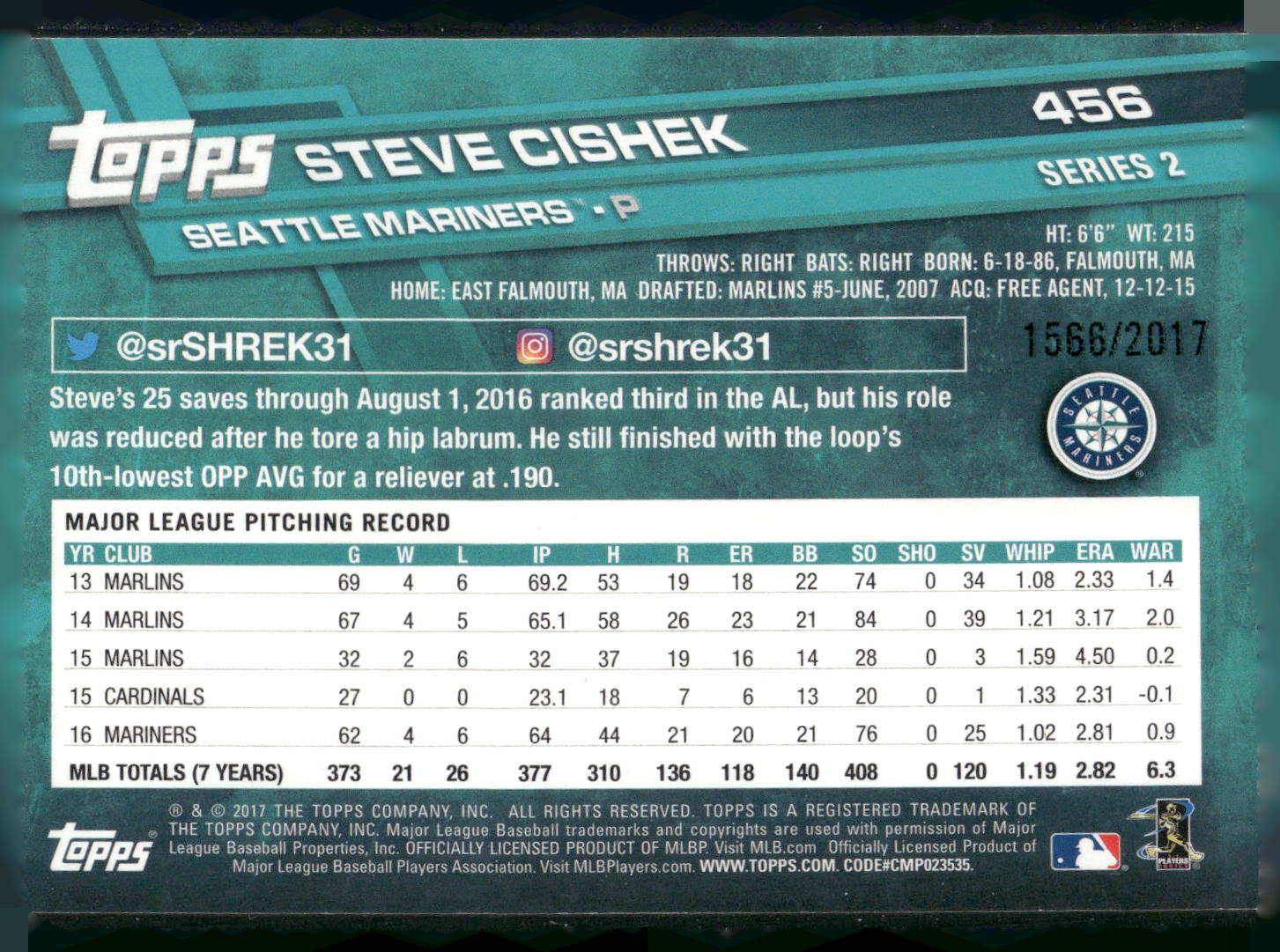 2017 Topps #456 Steve Cishek