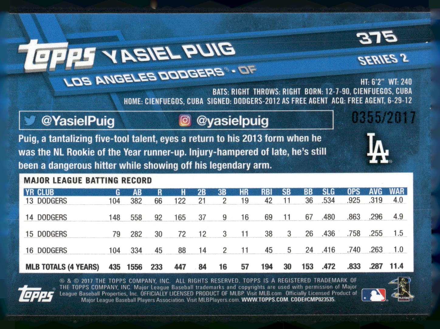 2017 Topps #375 Yasiel Puig