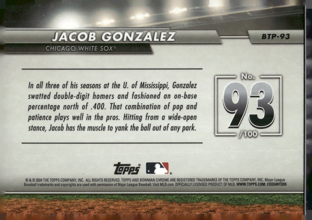 2024 Bowman #BTP-93 Jacob Gonzalez Bowman Scouts' Top 100