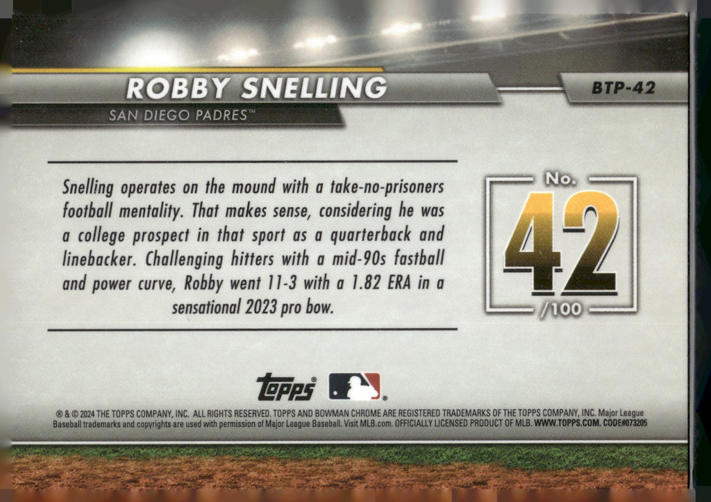 2024 Bowman #BTP-42 Robby Snelling Bowman Scouts' Top 100