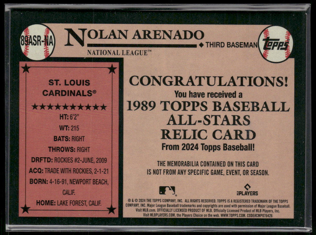 2024 Topps #89ASR-NA Nolan Arenado 1989 Topps Baseball 35th Relics