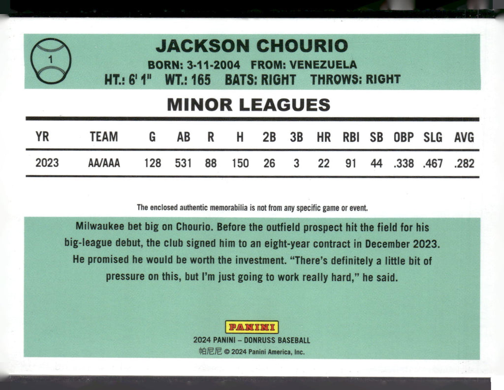 2024 Donruss #1 Jackson Chourio Retro 1984 Materials Blue Ice