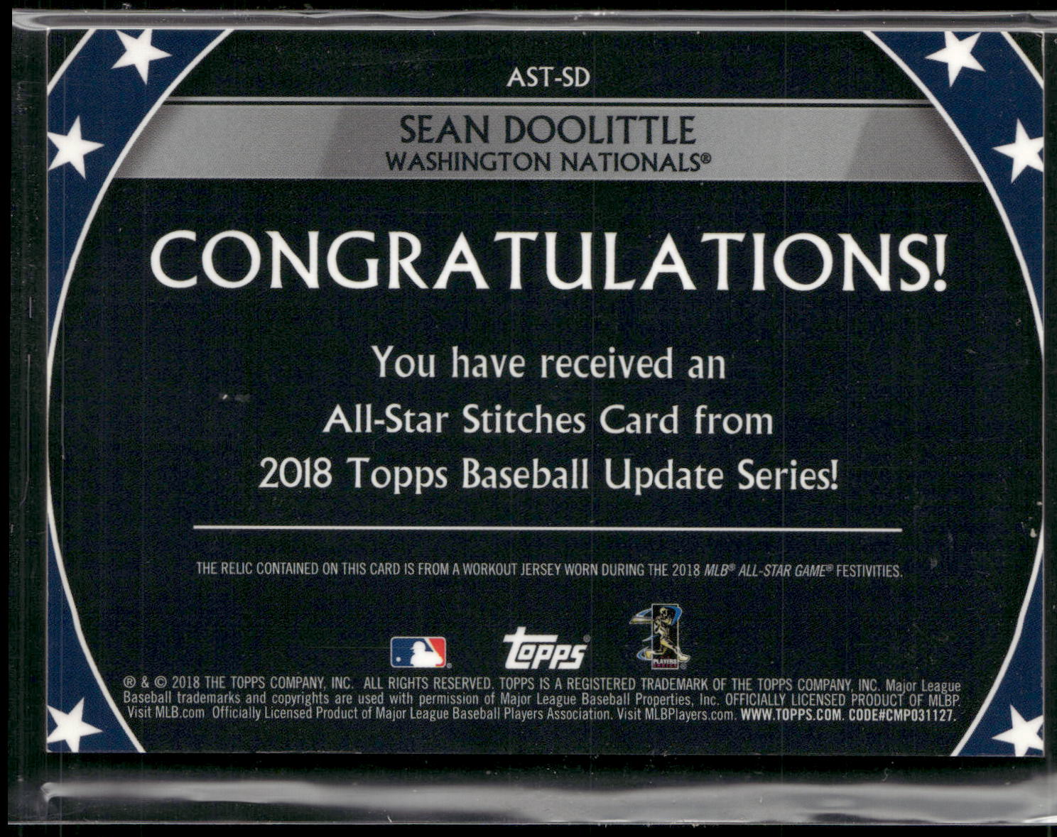 2018 Topps Update #AST-SD Sean Doolittle All-Star Stitches