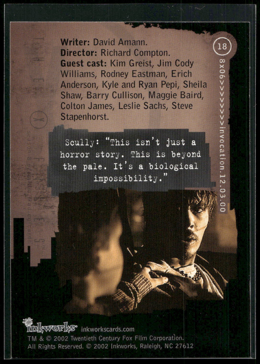 2002 Inkworks X-Files Season 8 #18 8x06 Invocation
