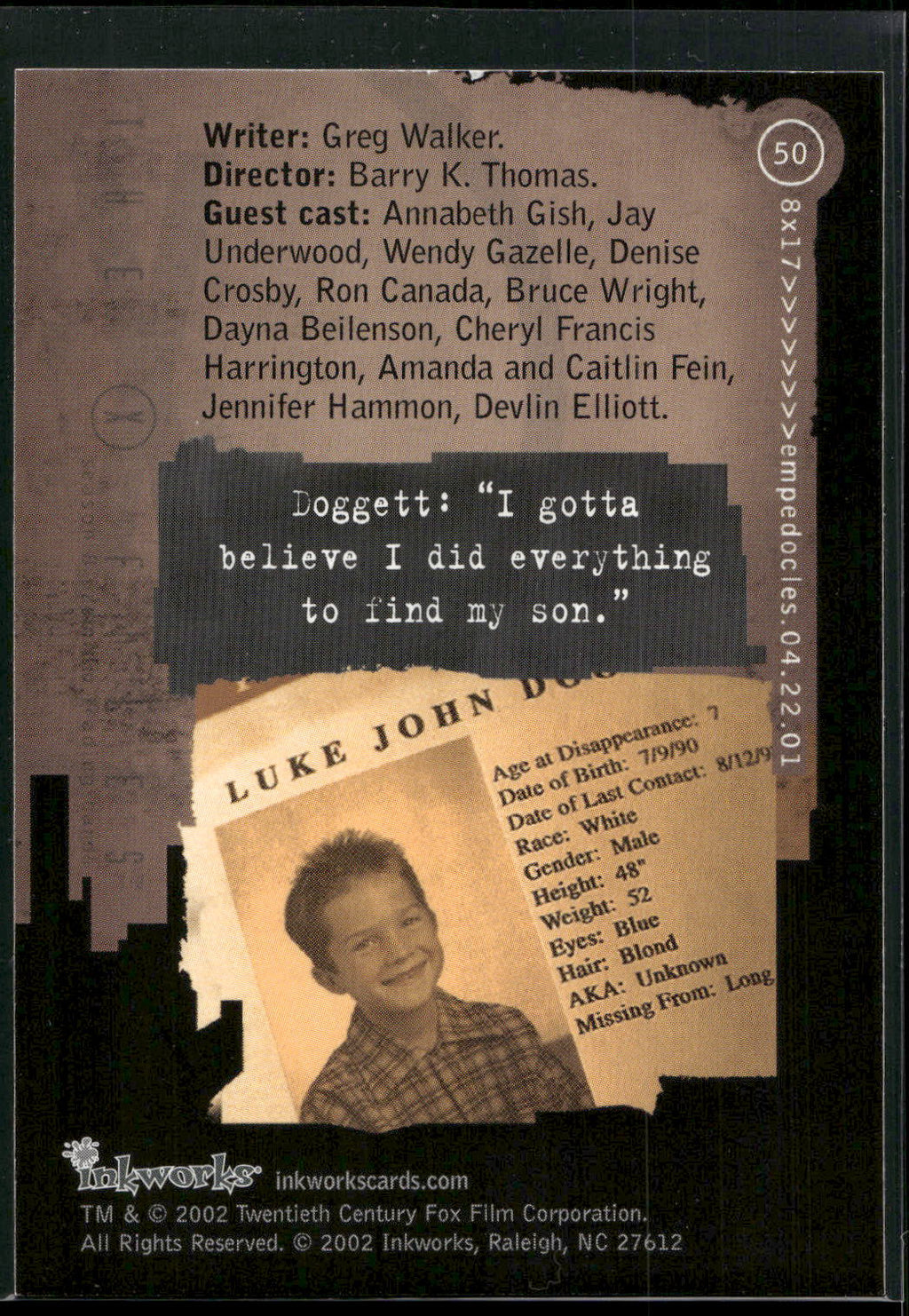 2002 Inkworks X-Files Season 8 #50 8x17 Empedocles