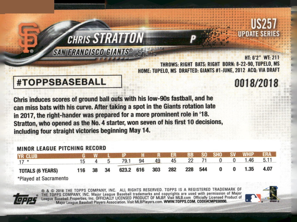 2018 Topps Update #US257 Chris Stratton Gold #/2018