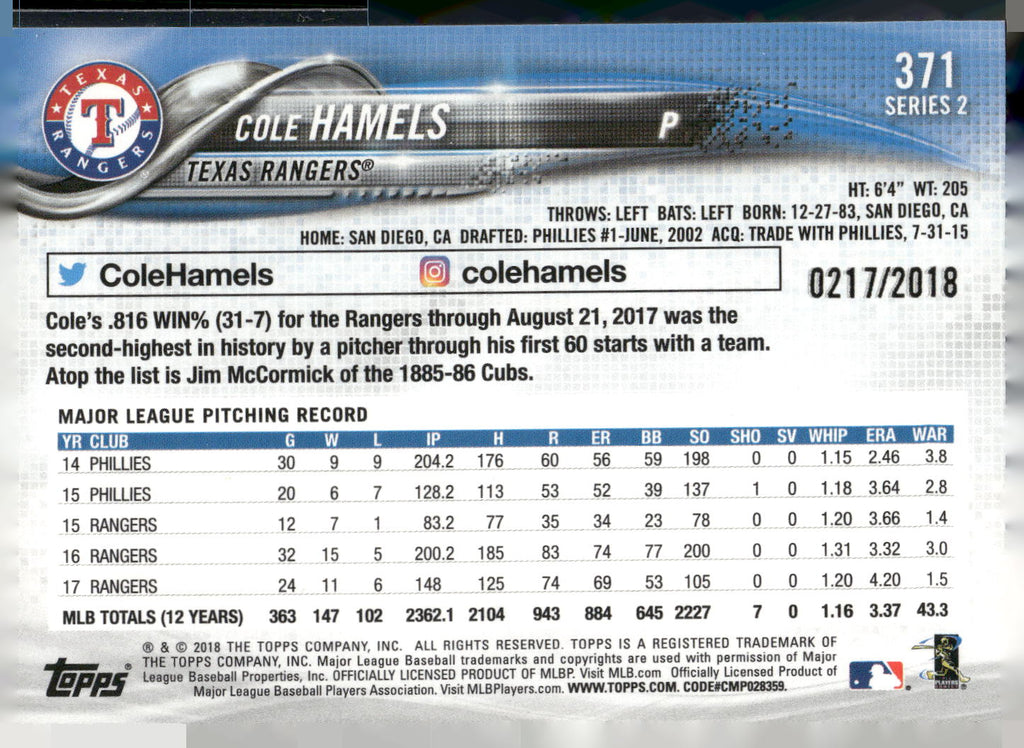 2018 Topps #371 Cole Hamels Gold #/2018