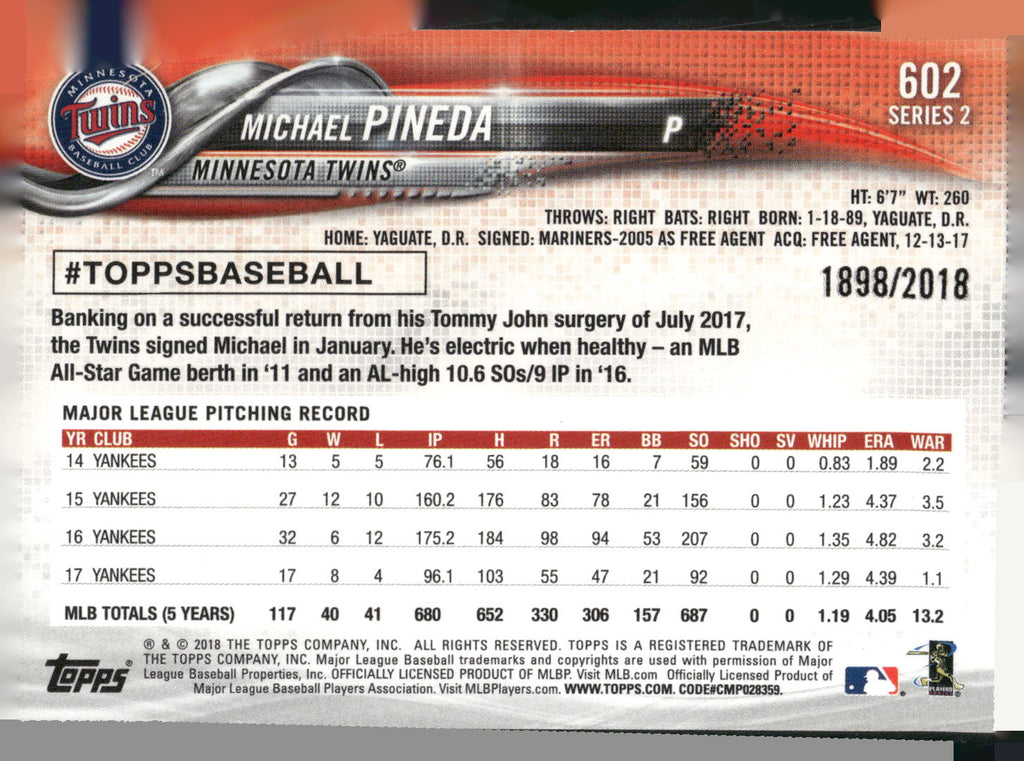 2018 Topps #602 Michael Pineda Gold #/2018