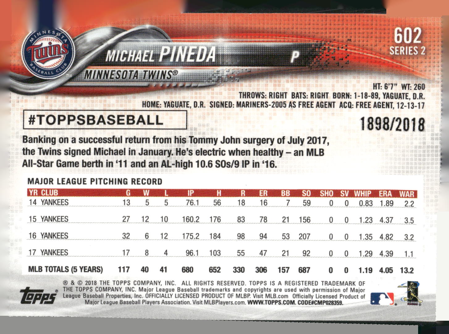 2018 Topps #602 Michael Pineda Gold #/2018