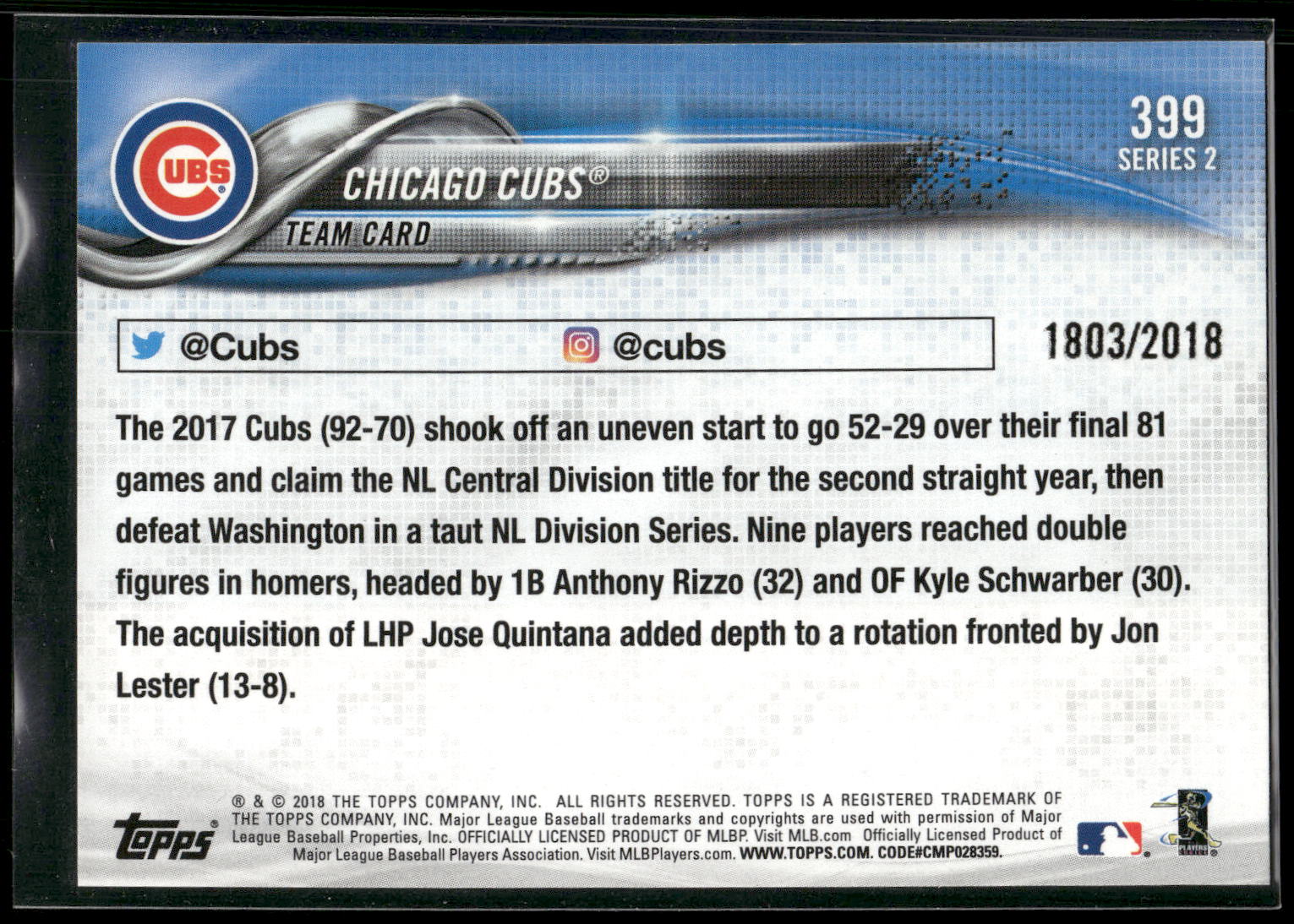 2018 Topps #399 Chicago Cubs Gold #/2018