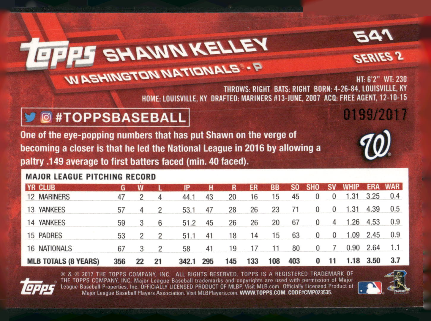 2017 Topps #541 Shawn Kelley Gold #/2017