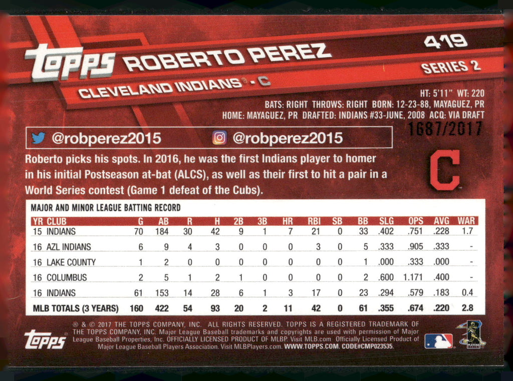 2017 Topps #419 Roberto Perez Gold #/2017