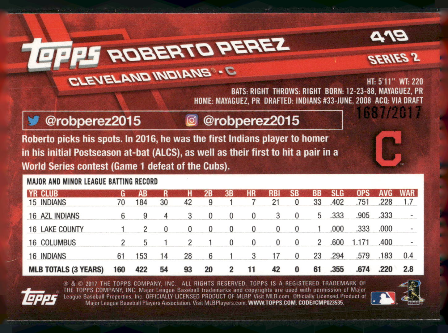 2017 Topps #419 Roberto Perez Gold #/2017