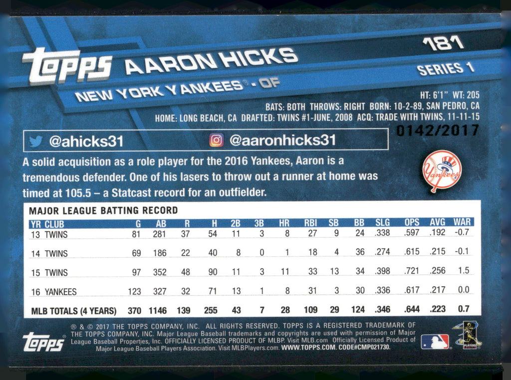 2017 Topps #181 Aaron Hicks Gold #/2017