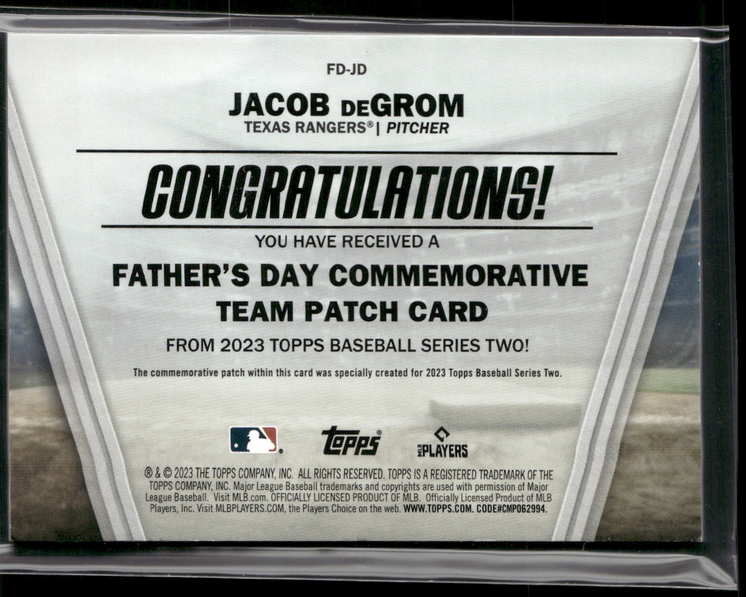 2023 Topps #FD-JD Jacob deGrom Father's Day Commemorative Team Patches