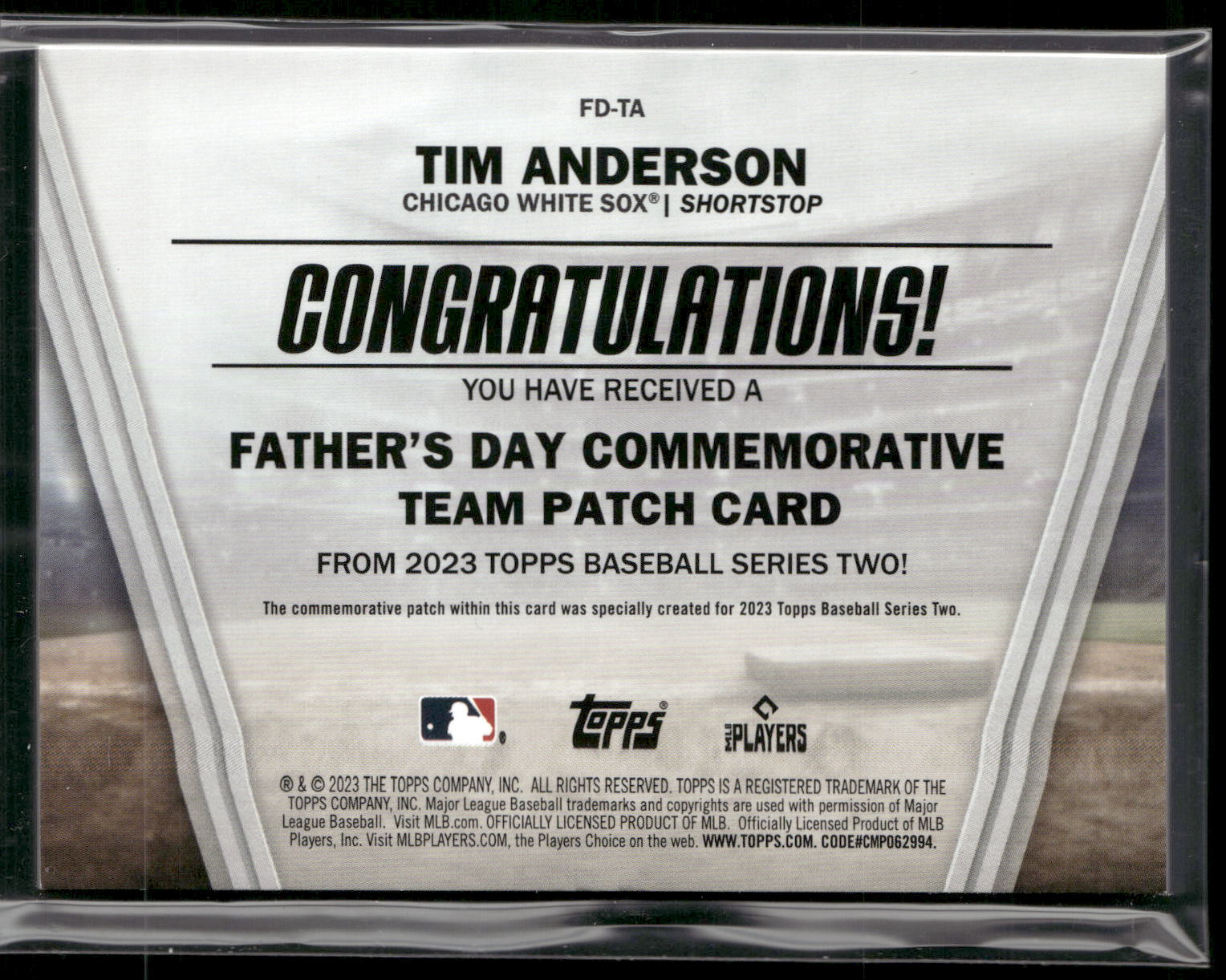 2023 Topps #FD-TA Tim Anderson Father's Day Commemorative Team Patches