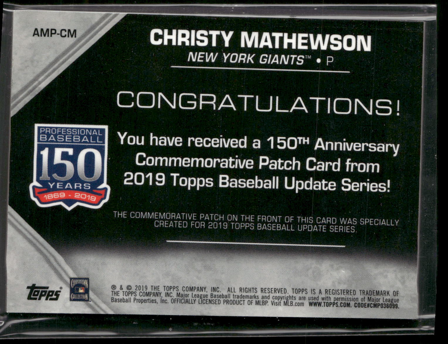 2019 Topps Update #AMP-CM Christy Mathewson Manufactured Patch