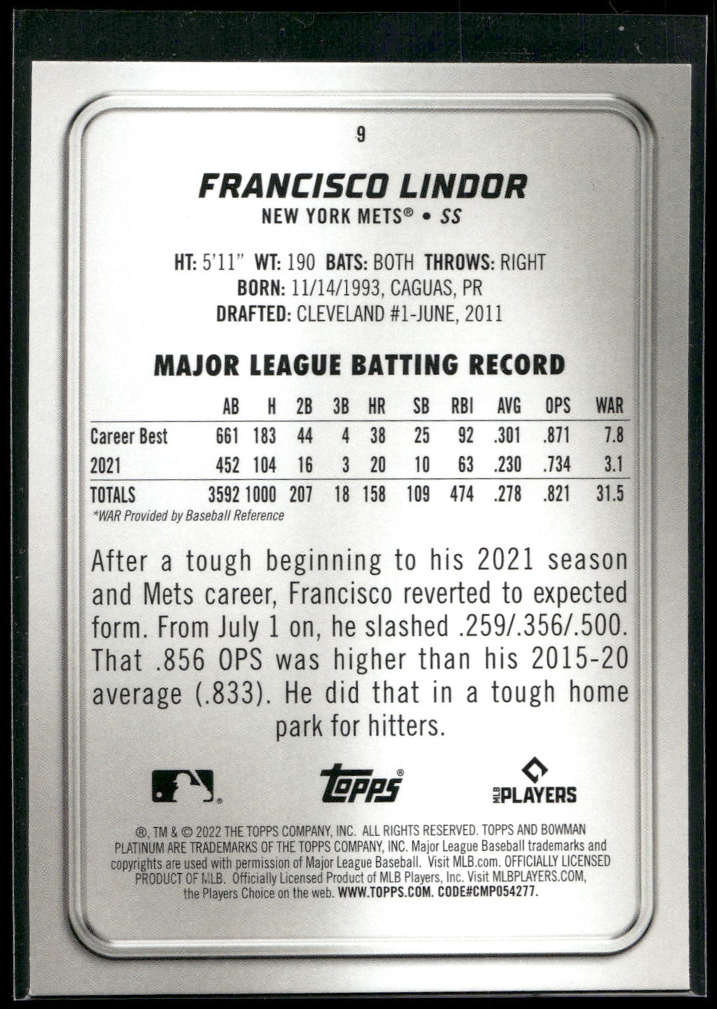 2022 Bowman Platinum #9 Francisco Lindor