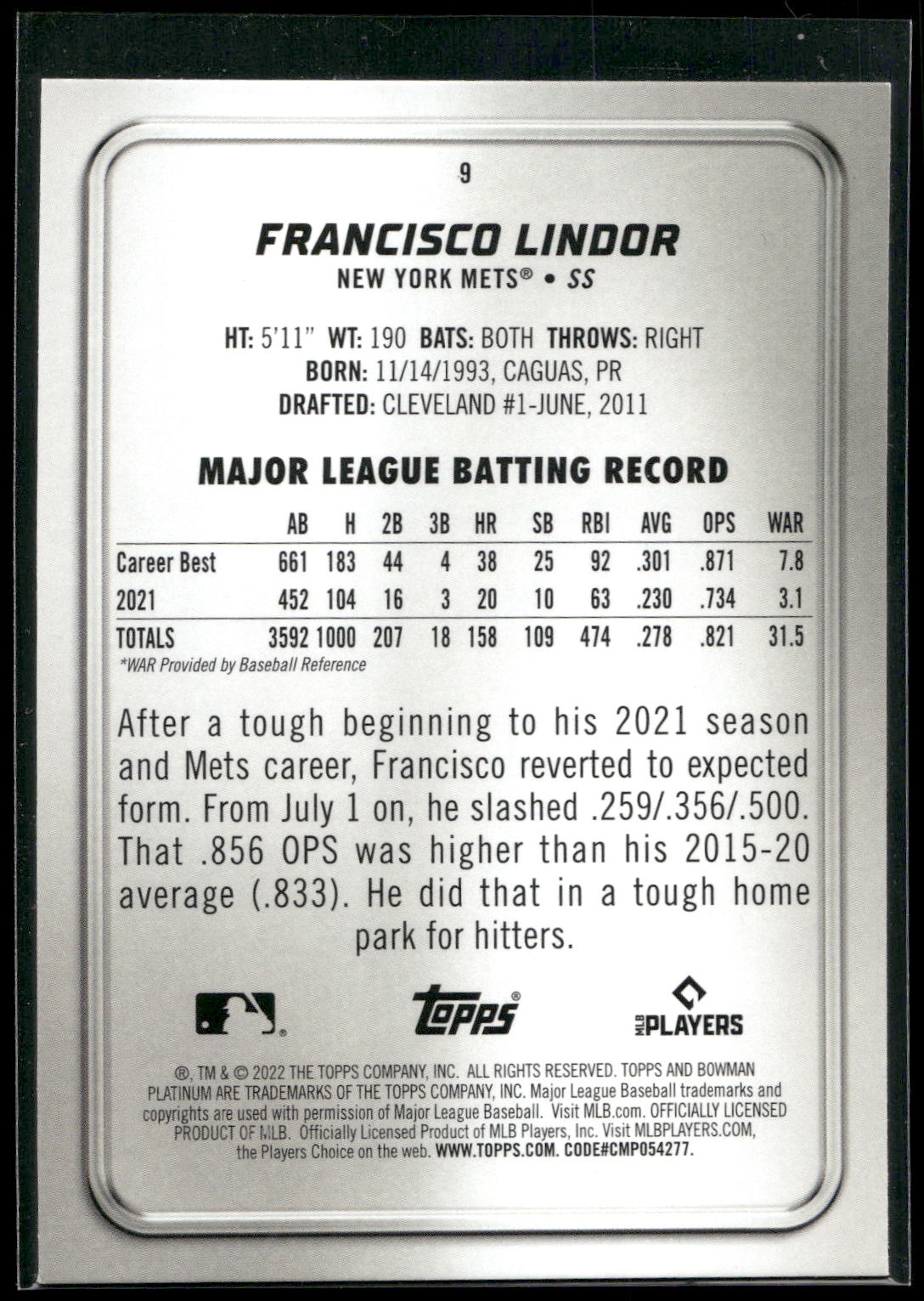 2022 Bowman Platinum #9 Francisco Lindor