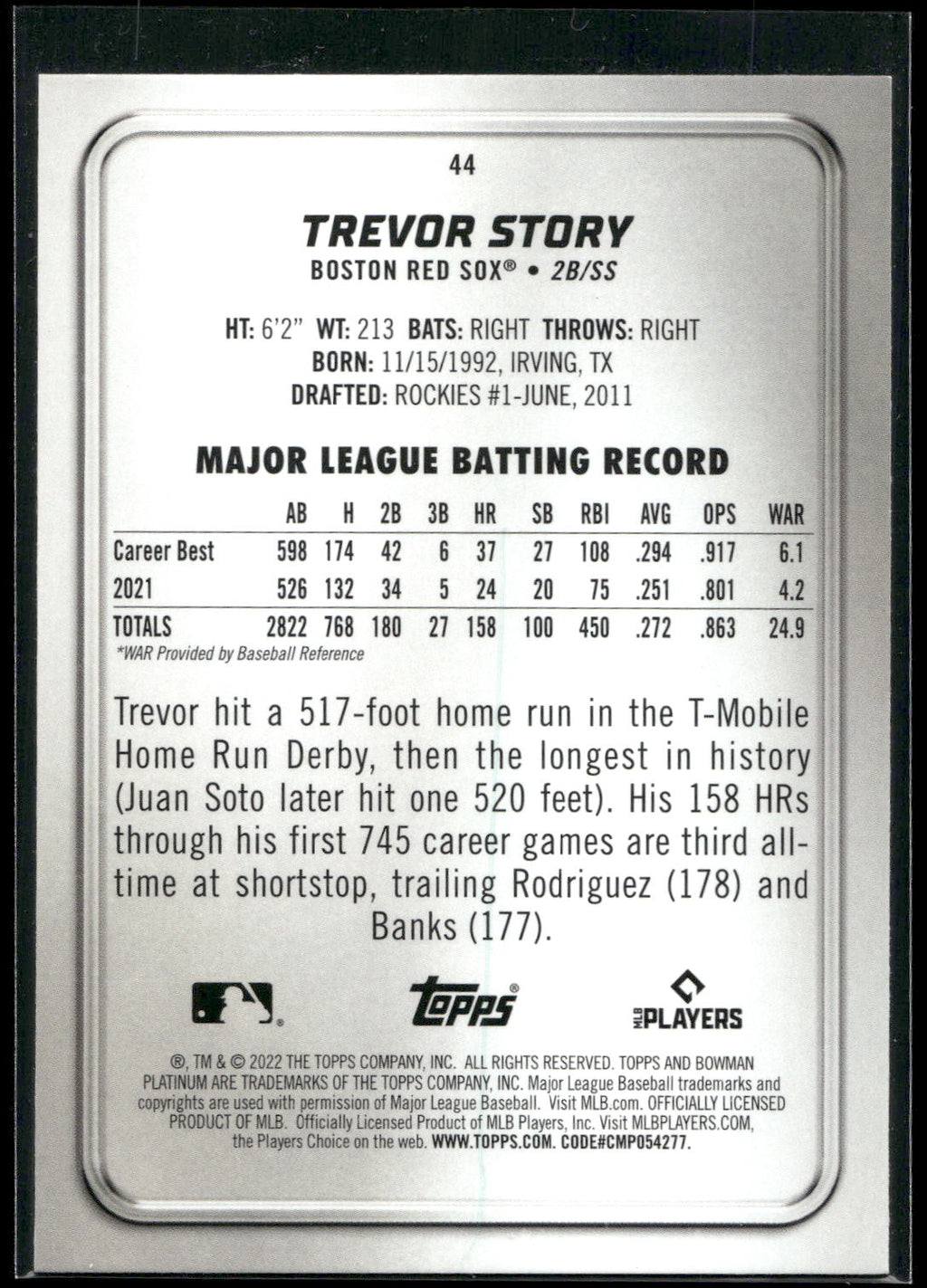 2022 Bowman Platinum #44 Trevor Story