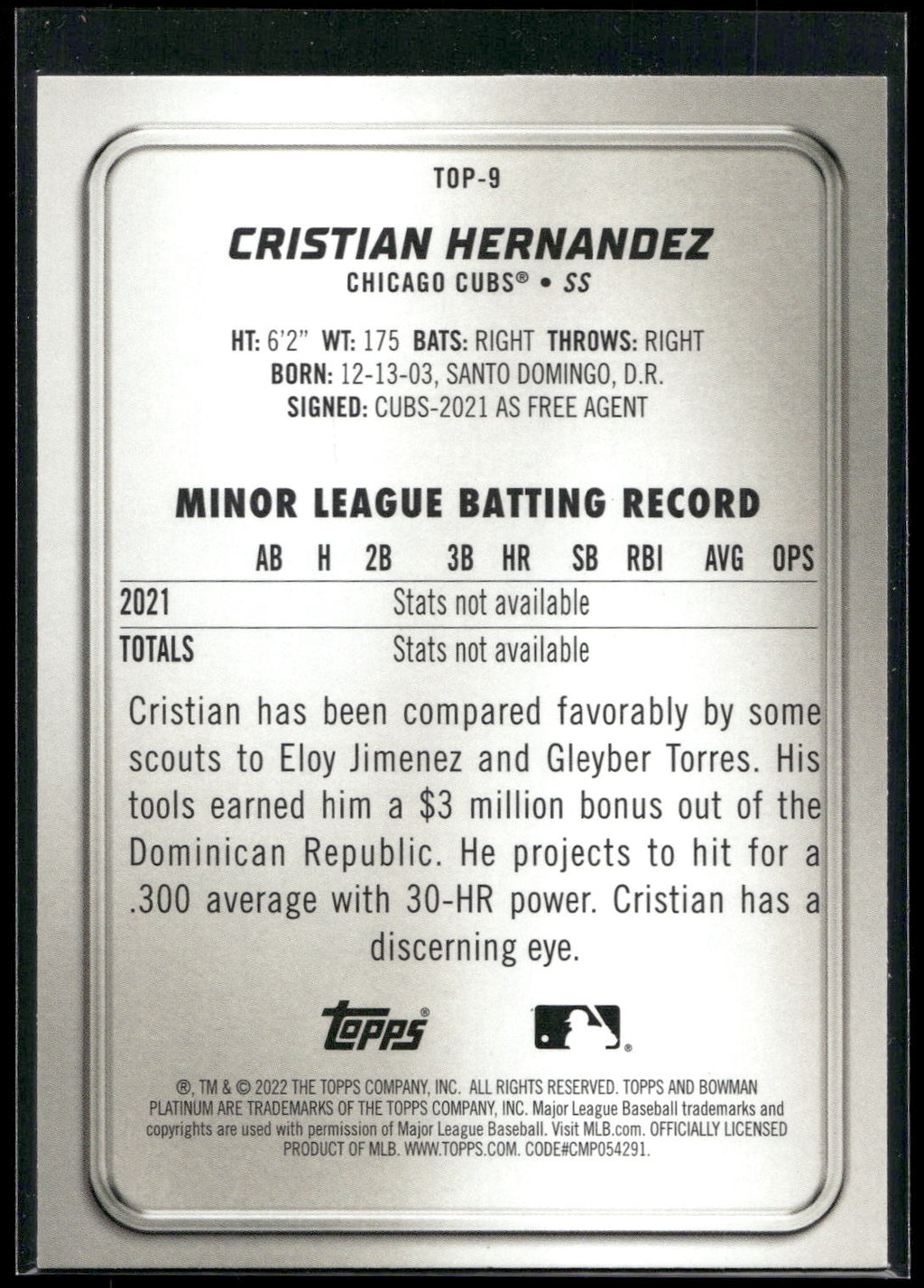 2022 Bowman Platinum #TOP-9 Cristian Hernandez Top Prospects