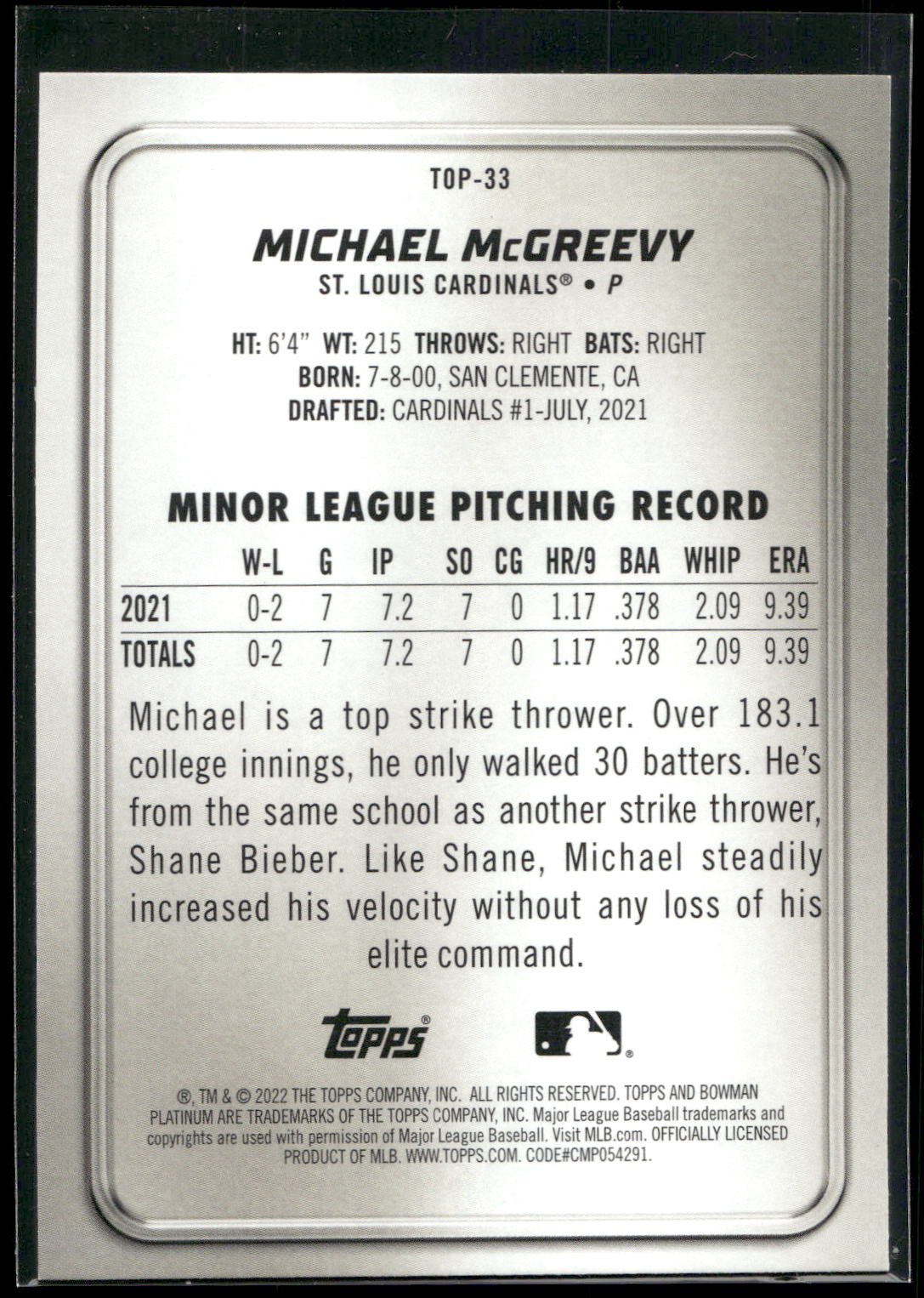 2022 Bowman Platinum #TOP-33 Michael McGreevy Top Prospects