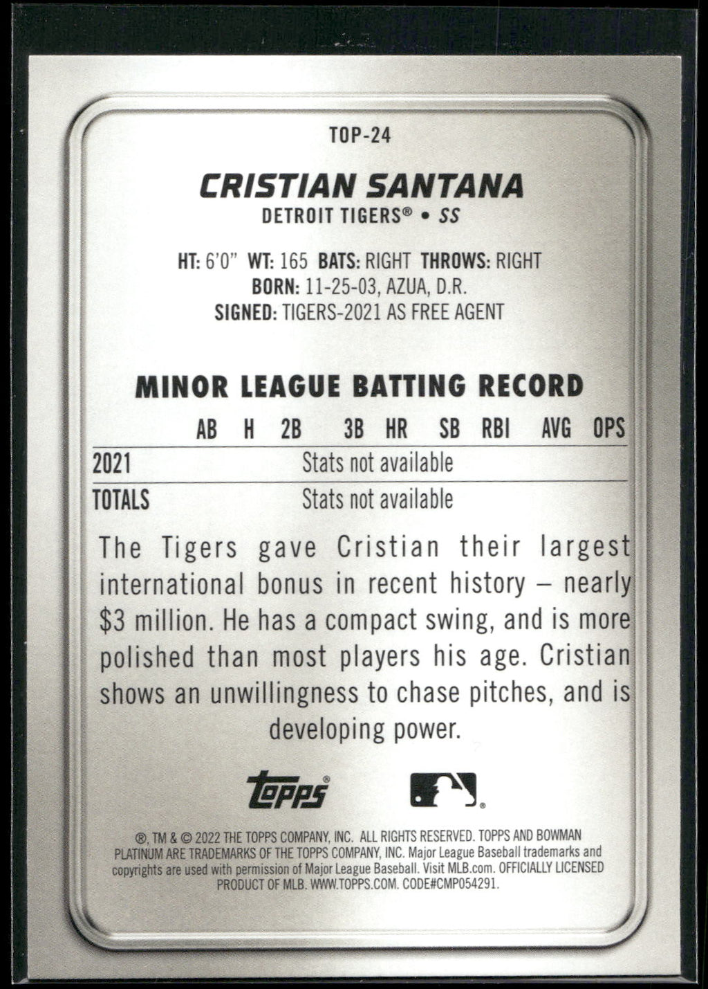 2022 Bowman Platinum #TOP-24 Cristian Santana Top Prospects