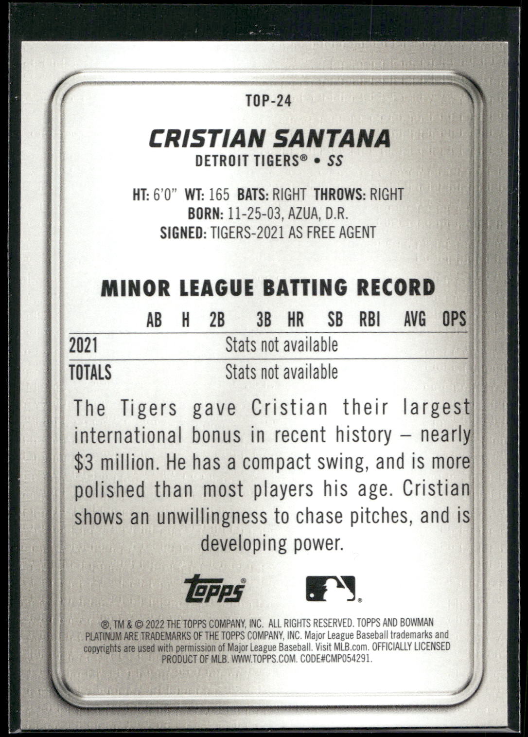 2022 Bowman Platinum #TOP-24 Cristian Santana Top Prospects