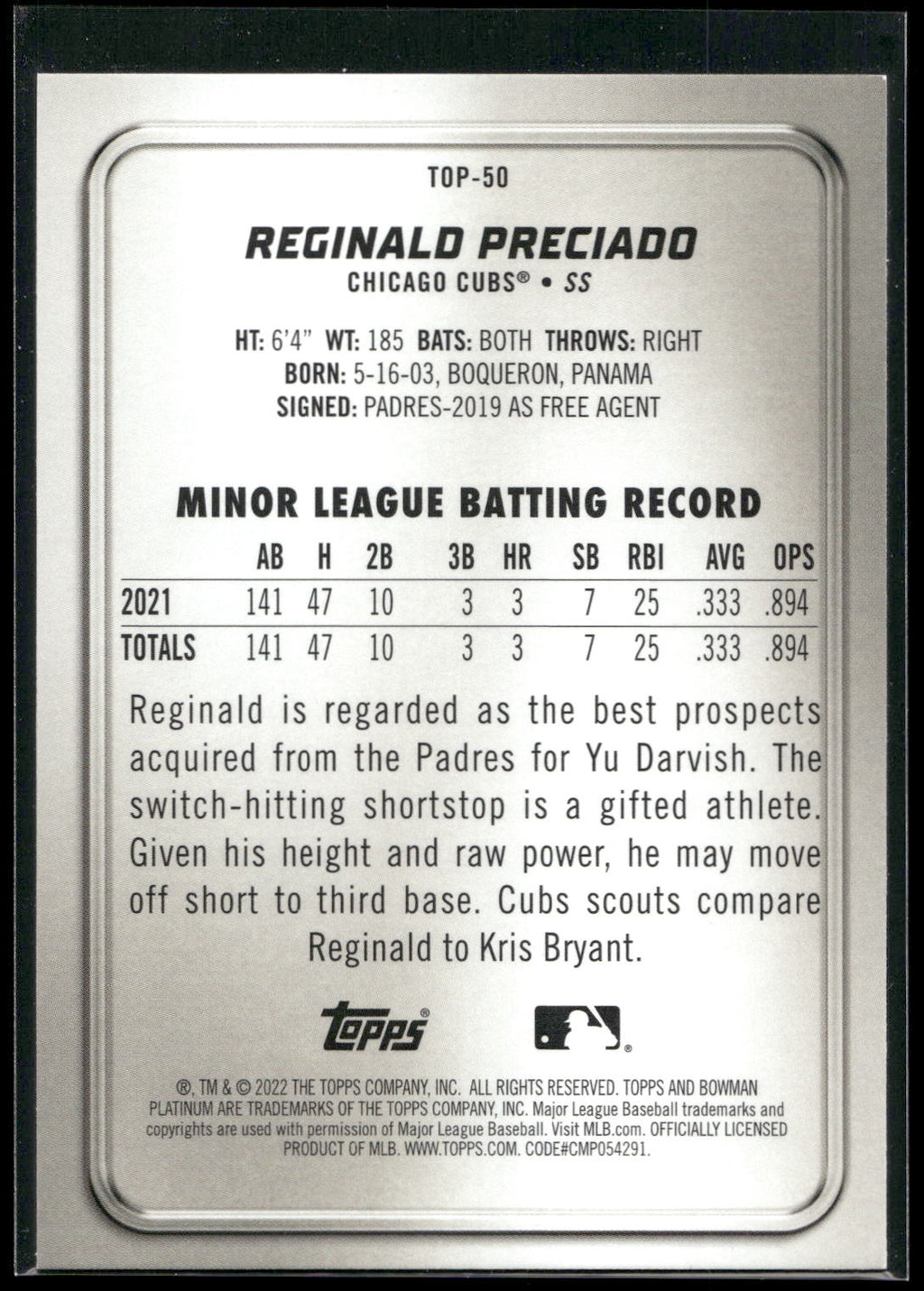 2022 Bowman Platinum #TOP-50 Reginald Preciado Top Prospects