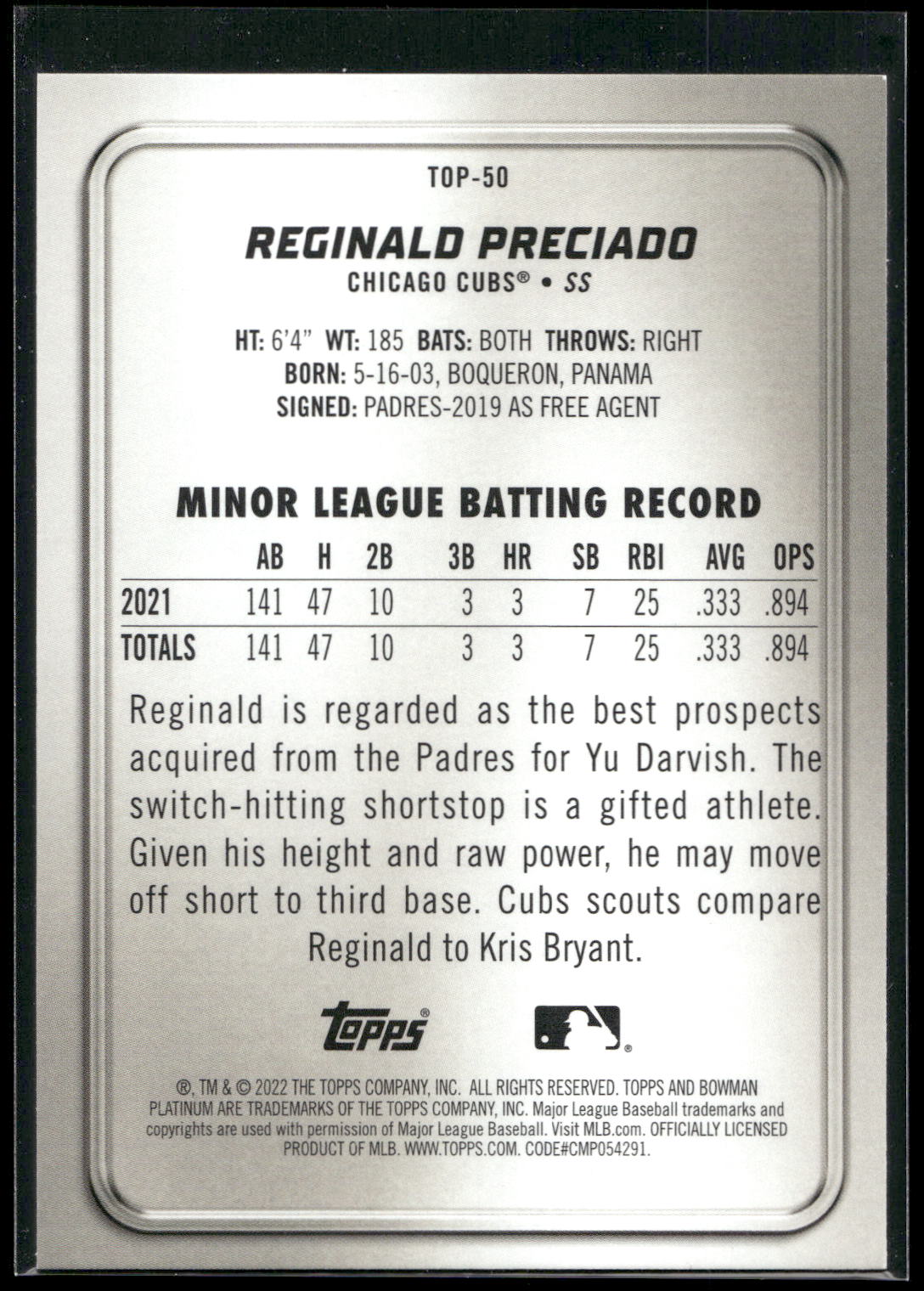 2022 Bowman Platinum #TOP-50 Reginald Preciado Top Prospects