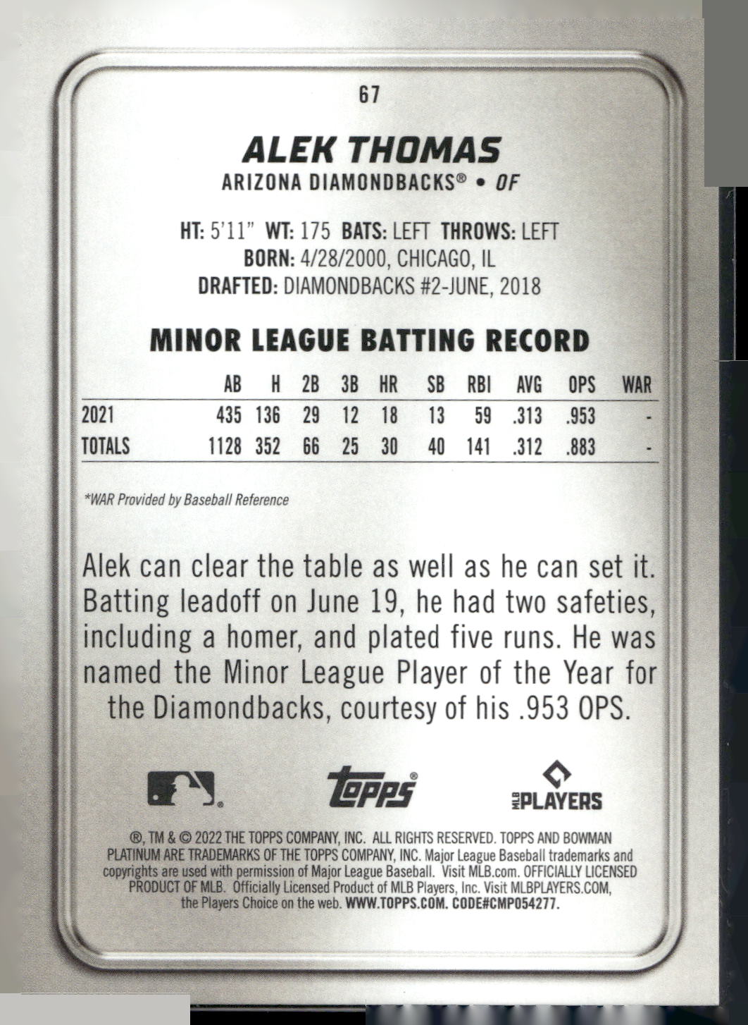 2022 Bowman Platinum #67 Alek Thomas