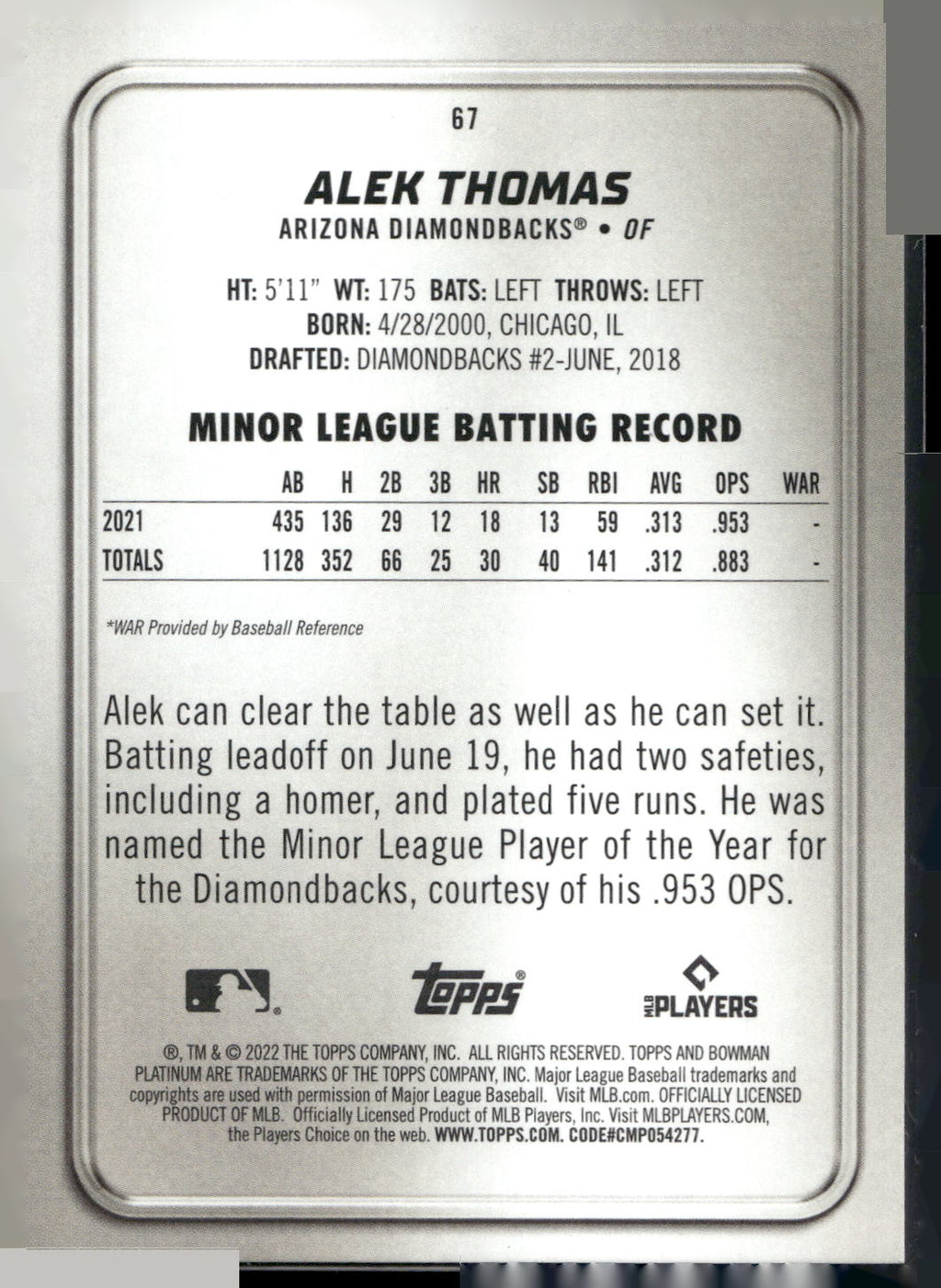 2022 Bowman Platinum #67 Alek Thomas