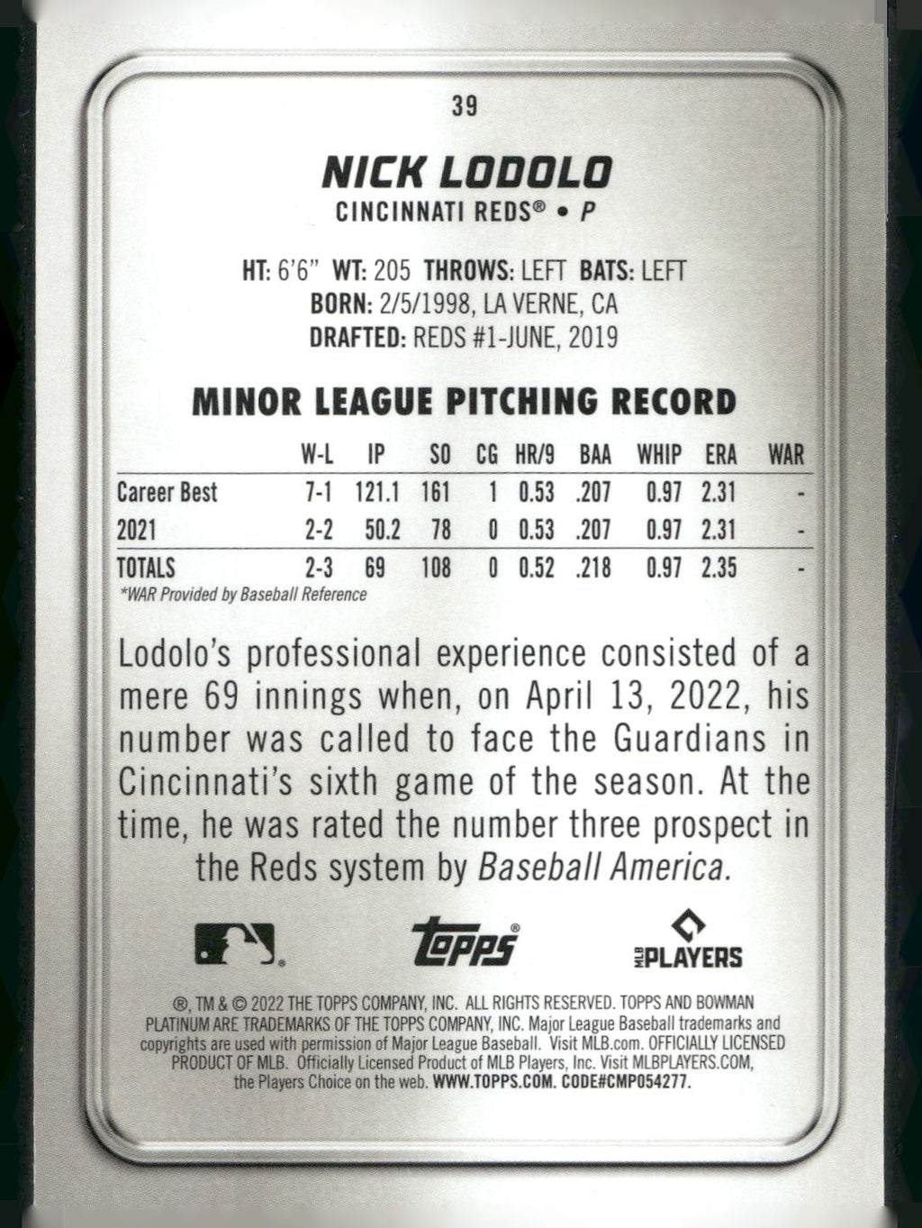 2022 Bowman Platinum #39 Nick Lodolo