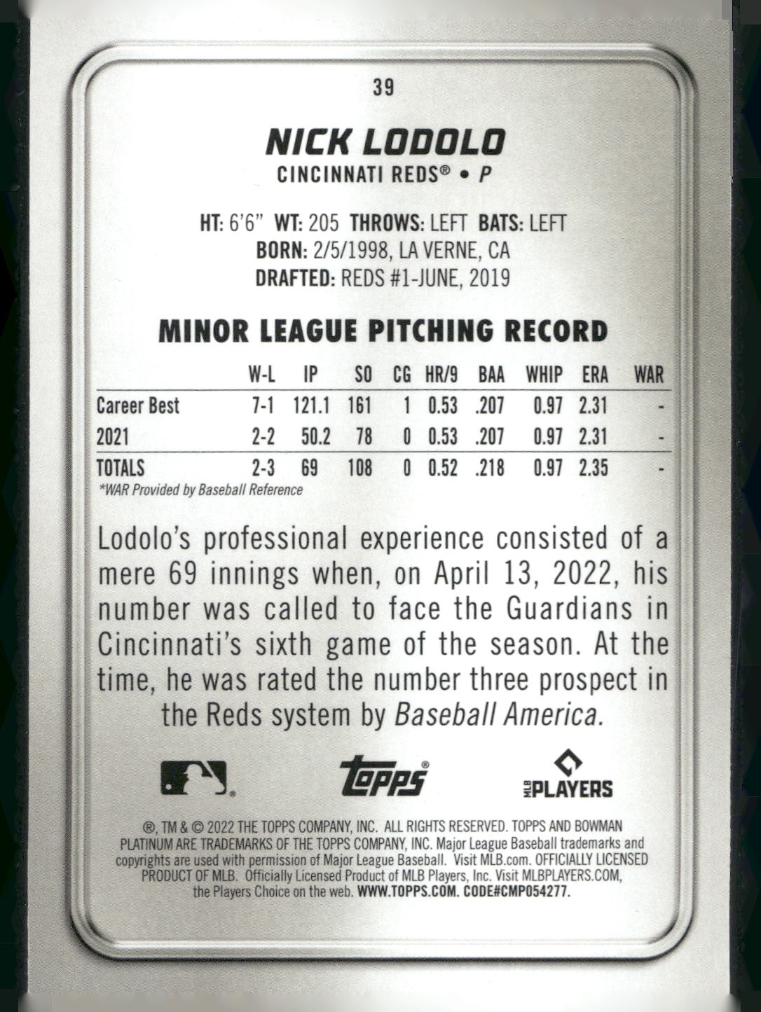 2022 Bowman Platinum #39 Nick Lodolo